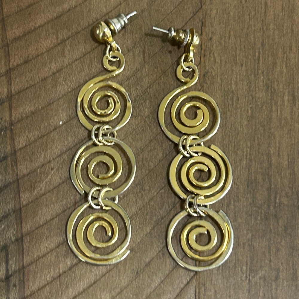 Gold-Tone 3 Circle Swirl Spiral Dangle Earrings